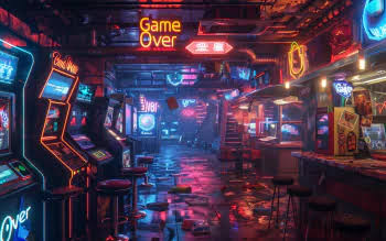 Neon-lit arcade with game cabinets and a Game Over sign